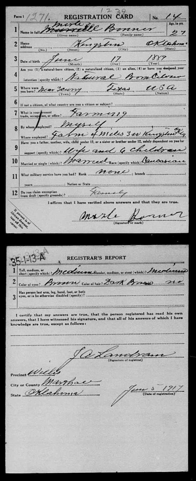 Major Bonner 1917 Registration