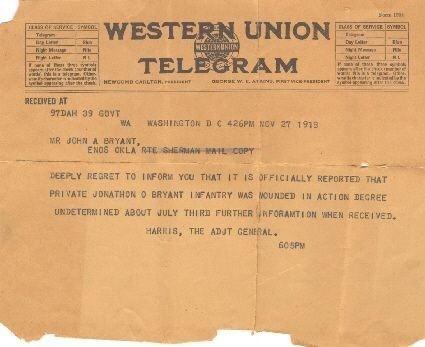 1918 Telegram - Oscar Bryant Wounded in Action